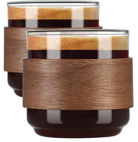 PARACITY Set di 2 tazzine da caffè con anello in legno, 141,7 g, in vetro borosilicato, trasparenti, piccole, per espresso