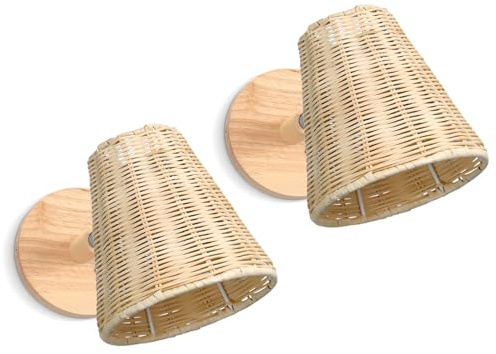 LIGKIN 2 Stück Wandleuchte Bambus Lampe Boho E27 Lampenschirm Rattan Vintage Wandlampen Holz Innenwandlampe Drehbar Holz für Wohnzimmer, Schlafzimmer, Küche, Café