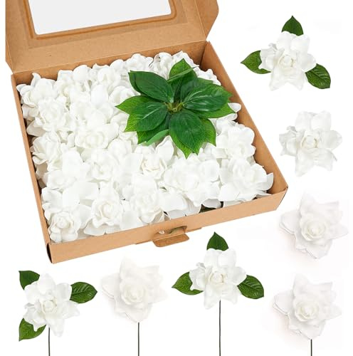 Roahosy 25 flores artificiales de Gardenia blancas, flores de Gardenia de aspecto real con tallos, flores de boda para bricolaje, ramo de boda, despedida de soltera, fiesta, centros de mesa para el