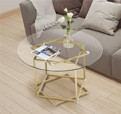 GOKHOMX Table Basse Ronde pour Meubles de Salon, Structure en Métal et Verre Trempé, Table Basse Verre Transparent Adaptée au Salon, Bureau, Balcon