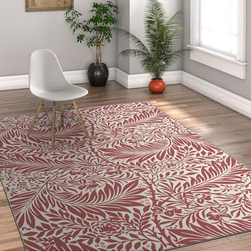 HOBBOY Roter Teppich William Morris Blumen & Pflanzen Teppich Waschbare Teppiche Gemütliche Innen-Außen-Matte für Wohnzimmer Esszimmer Schlafzimmer 180 x 210 cm
