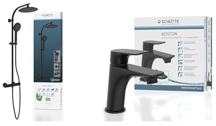SCHÜTTE MADURA Duschsystem mit Thermostat, Duschset Regendusche & 33216 BOSTON Wasserhahn Bad Schwarz Matt, Waschtischarmatur
