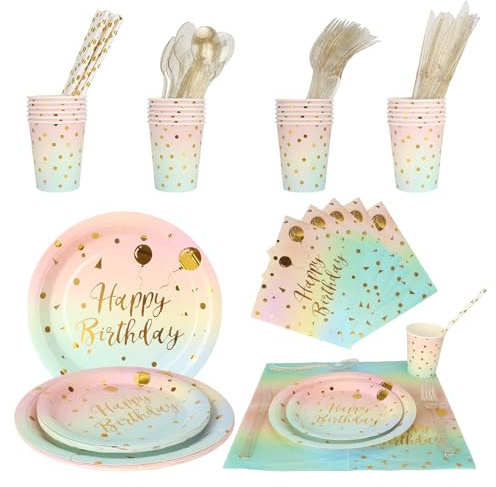 DYMHQ 192 Stück Wiederverwendbar Happy Birthday Dekorationen Gabeln Löffel Messer für Hochzeit 24 Gäste (Rosa)