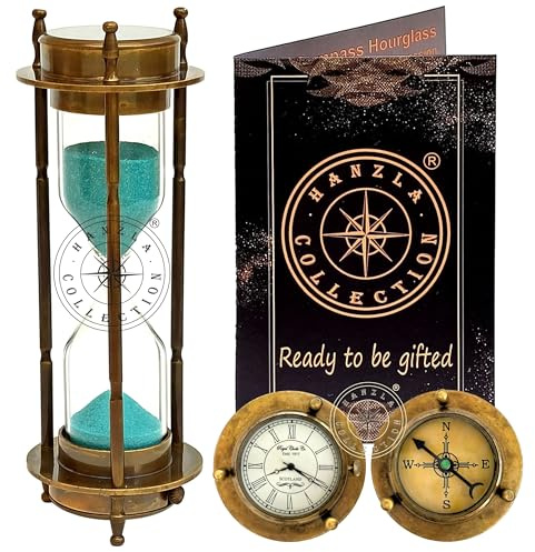 Hanzla Collection: Messing-Sanduhr mit Kompass und Uhr, Bronze, Timer, Dekorative Schreibtischuhr, Vintage-Stil, Sanduhr, Metall, Dekor (Patina antik mit grünem Sand)