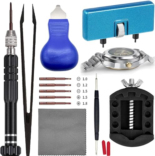TICFROG 11 in 1 Watch Battery Replacement Tool Kit with Watch Wrench Back Remover, Wristwatch Caseback Opener, Screwdriver, Tweezers, Case Holder, Spring Bar Tool and 18CM Cleaning Cloth