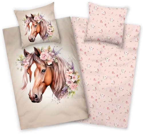 Aminata kids Bettwäsche Mädchen 135x200 Pferd - Baumwolle - Kinder-Bettwäsche mit Pferde-Motiv - beige rosa - Reißverschluss - Wendebettwäsche Blumen
