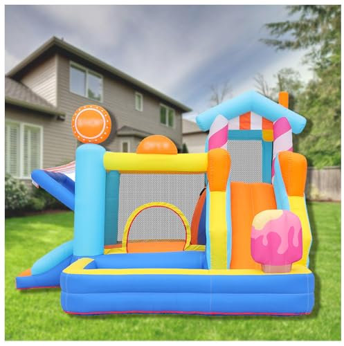 HBDSMLPL Jeux Gonflable Enfant Exterieur avec Souffleur, Piscine, Toboggan, Mur d'escalade, Sac de Transport, Structure Gonflable Jeux Exterieur Enfant Convient Enfants 3-10 Ans, 340x320x240 cm