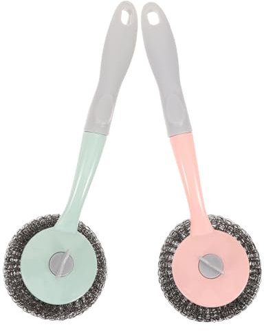 Hoement 2pcs Steel Ball Pot Brush Long Handle Cleaning Tool for Kitchen Multifunctional Wire Scourer for Pots Pans Kitchen Accessories in Light Grey