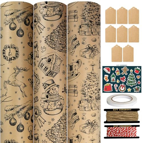 FullJoyHut 3 Rollen Weihnachtsgeschenkpapier je 43cm x 5M - Schwarzes Geschenkpapier Weihnachten Rollen Set Kraftpapier Weihnachtspapier mit Geschenkanhänger Geschenkband für Xmas Geschenkverpackung