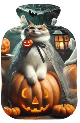 Wärmflasche mit süßer Katze, Halloween, mit weichem Bezug, Bett, Hand- und Fußwärmer, Wintergeschenk, Wärmbeutel zur Linderung von Nacken- und Schulterschmerzen, 2 l, Orange