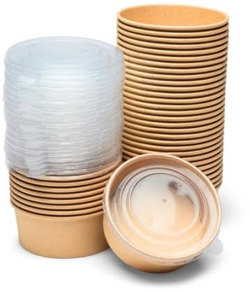London Coffee Cups 750ml / 26oz Kraft Round Takeaway Containers with Lids, Disposable Paper Salad Bowls for Poke, Hot Food, Catering and Meal Prep, 145 x 145 x 60 mm, Pack of 100