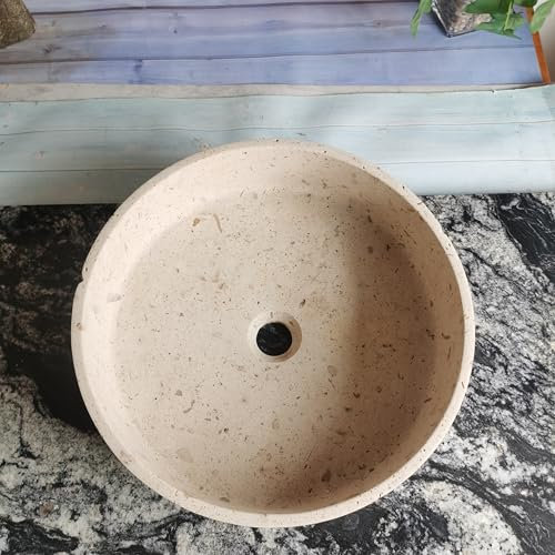Lavabo rotondo in pietra travertino beige, diametro 40 cm x altezza 12 cm