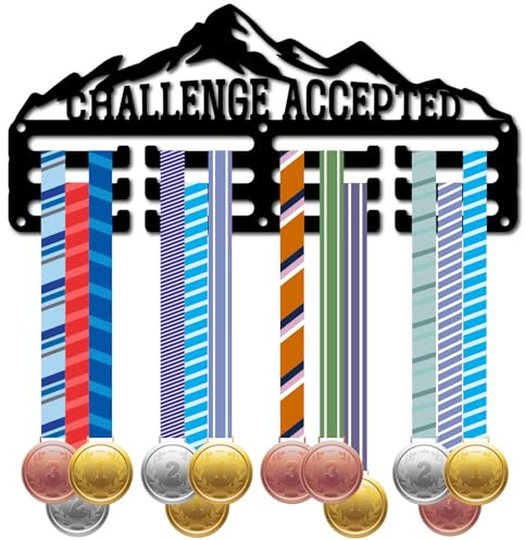 CREATCABIN Medaillenhalter Für Sport Medaillenaufhänger Kleiner Schwarzer Wandständer Metallrahmen Zum Aufhängen 40+ Auszeichnungen Halterung Dekorband Organizer 29x13cm Herausforderung Angenommen