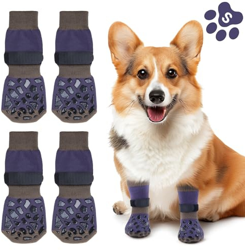 Oiyeefo Anti-Rutsch Hundesocken, 2 Paar Verletzungen Pfotenschutz Innenräume Hundeschuhe mit Verstellbarem Klettverschluss und Doppelseitige Silikongel für Kleine Mittlere und Große Hunde (Größe S)