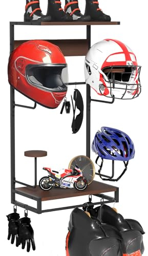 GHWMYD Support Casque Moto pour Accrocher Casquettes et Accessoire Moto | 4 porte casques moto, 2 étagère, 4 clips, 5 crochets pour le rangement des motos, football, équipement tactique