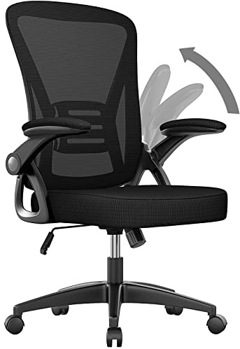 naspaluro Chaise de Bureau avec Accoudoir Relevable, Fauteuil de Bureau en Maille Respirante avec Soutien Lombaire, Dossier Inclinable et Hauteur, Roulette Pivotant à 360°, Noir