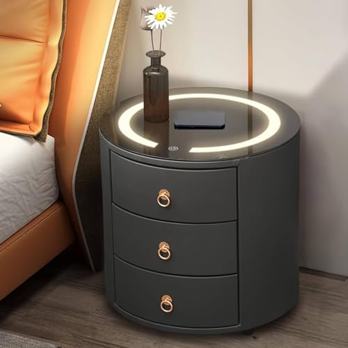 CLIPOP Smart Nachttisch, kabelloses Laden, LED, 3 Schubladen, Grau | Rundes Design, Holzrahmen, gehärtete Glasplatte, LED Licht einstellbar, für Schlafzimmer & Wohnzimmer 46*46*46 cm