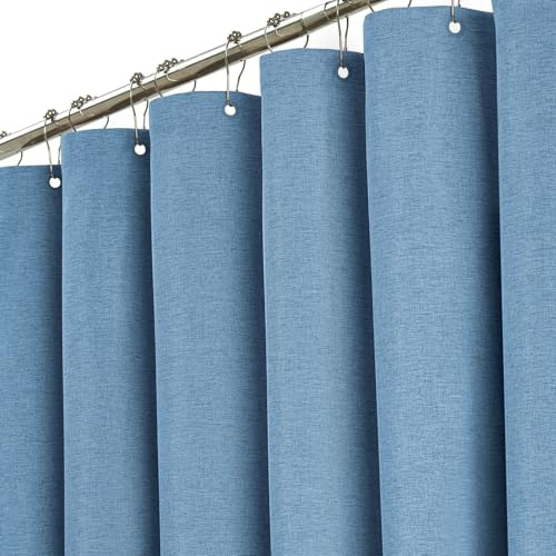 BTTN Tenda da doccia in tessuto, colore blu chiaro lunare, 180x200 cm, texture in lino, antimuffa, tenda da doccia lavabile in poliestere con 12 ganci, moderna, impermeabile, con orlo pesante per