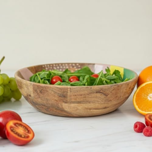 Vayu Earth Handcrafted Mango Wood Multicolor Abstract Bowl 30 x 30 x 9cm – Large Decorative Serving Bowl, Hand-Painted Pattern, Artisan Table & Centerpiece Decor