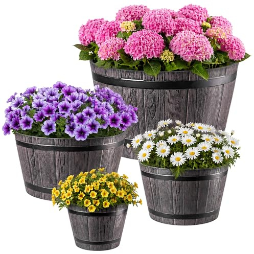 KADAX Set med 4 växtkrukor i träfatsdesign, Ø 23 cm + 30 cm + 40 cm + 50 cm, i väderbeständig plast, för trädgård, terrass och balkong, dekorativ blomkruka, brun, damm med vattenhink