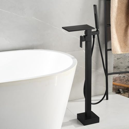 Wasserfall Freistehende Badewanne Armatur mit Handbrause Einzelloch 2 Modus Wannenarmatur Wasserfall aus Messing,Schwarz