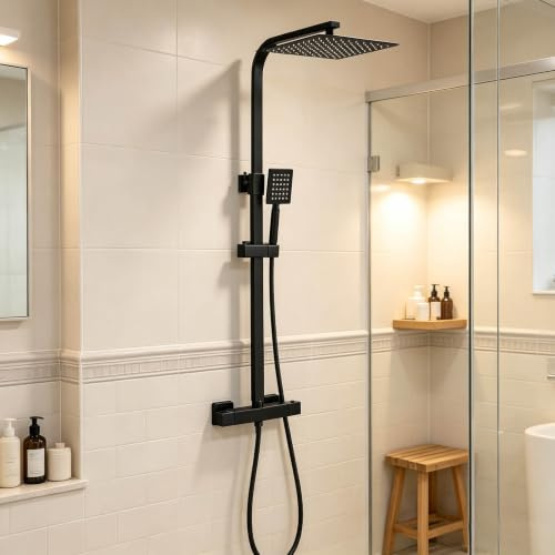 Thermostatic Shower Mixer Set,Dual Rainfall Heads & Hose,Bar Set with Rainfall Shower Head and Hand Shower,Adjustable Riser Rail Kit (Matte Black)