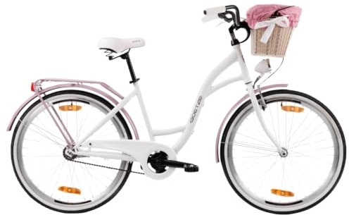 Goetze Style 26 Zoll Damen Citybike, 17 Zoll Tiefeinsteiger Rahmen, 1-Gang Rücktrittbremse, V-Bremse vorne, LED-Beleuchtung, Gepäckträger, Rattankorb, Komfortsattel, mit Ständer & Klingel