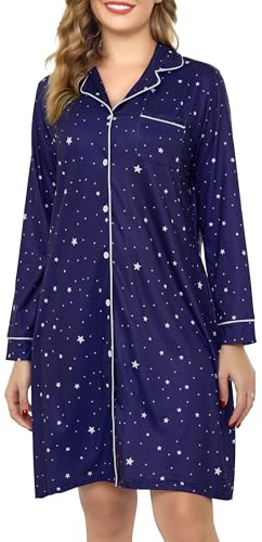 Sopesil Camicia da Notte Donna a Manica Lunga in Cotone Aperta Davanti Vestaglia Donna con Bottoni Invernale con Scollo a V Ideale per Dormire Taglie Blu Navy,XL