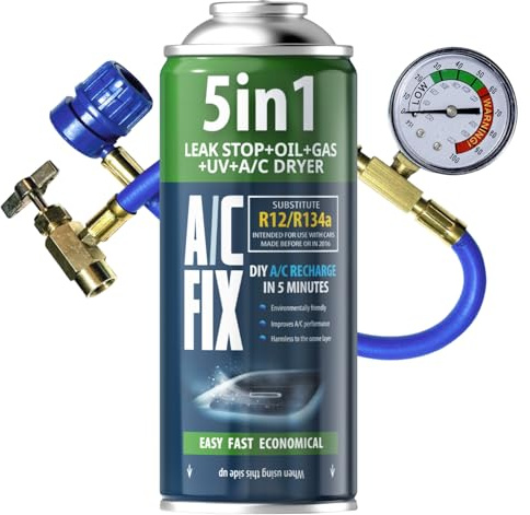 AC Fix 5 en 1 – sustituto R134a + Manguera, 235 g Refrigerante para Aire Acondicionado de Coche con Aceite, sellador, Tinte UV y desecante. Aplicación rápida. Protege el compresor.
