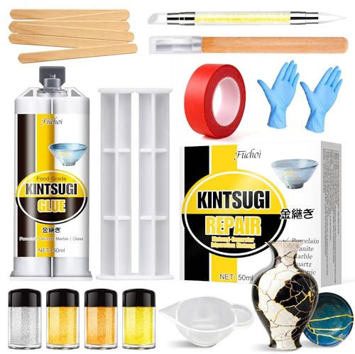 Kintsugi Repair Kit, Japanese Kintsugi Craft with 50ml Food-Grade Ceramic Glue, 4 Colours Gold/Silver/Mica Powder for Fixing Broken Ceramics, Porcelain, Jade & Glass, Perfect DIY Kit for Beginners