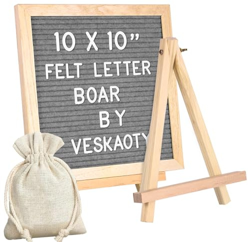 Letter Board, Letterboard aus Eiche und Filz 25×25cm, Quadratisch Buchstabentafel mit 340 Buchstaben, Staffelei und Beutel Buchstaben Tafel Holz Buchstabenbrett Rillentafel Memotafel