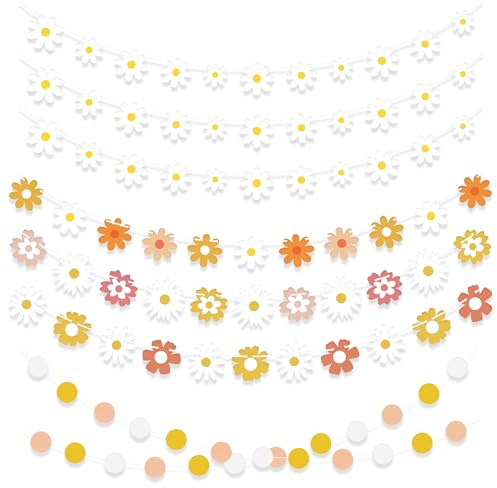 PYSEOSISE Gänseblümchen Deko, 7 Stück Gänseblümchen Banner, Boho Geburtstagsdeko Blumen Girlande Blumen Banner Flower Daisy Garland für Raumdekoration Geburtstage Hochzeit Party