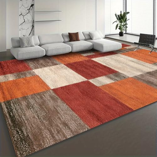 YEGRFJIS Tapis Géométriques pour Salon Poils Courts - Motif Abstrait Marron Et Rouge Salon Tapis Patchwork Carré Minimaliste Et Moderne en Couleurs Rouge, Orange, Gris Et Blan(140x200cm/color)