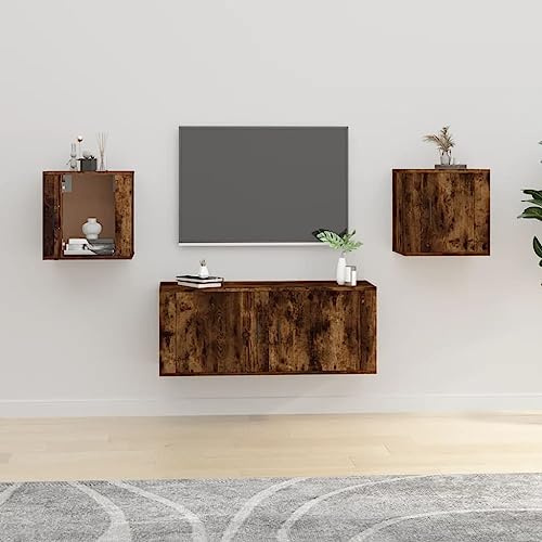Fengshui Lot de 2 armoires TV murales en chêne fumé 40 x 34,5 x 40 cm | Matériau en bois, montage mural, compartiment pour lecteur multimédia, porte montable à gauche ou à droite