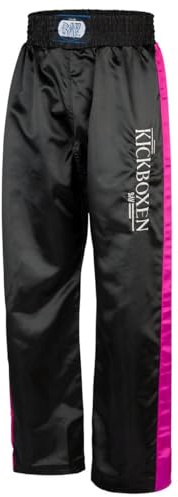 BAY Edel Stick Kickboxhose Kampfsporthose Schwarz lang Streifen in Pink seitlich Polyester gestickter Schriftzug Erwachsene Damen Herren Kinder Jungen Mädchen Größe L (180)