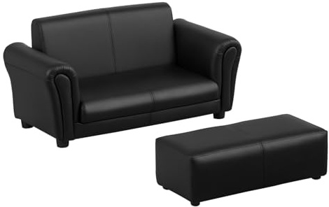 HOMCOM 2 Seater Kids Twin Sofa Childrens Double Seat Chair Furniture Armchair Boys Girls Couch w/ Footstool (Black)