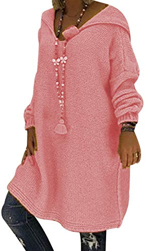 Pull Capuche Femme Long Chaud Robe Pull Grosse Maille à Capuche Femme Large Oversize Pull Tunique Torsadé Manche Longue Ample Hiver Epais Robe Sweat Grosses Mailles Torsadée Pull Droit Loose Rose XL