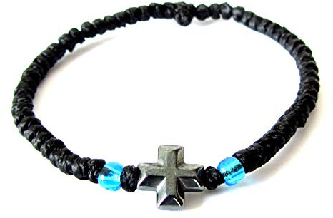 IconsGr Handgefertigtes christlich-orthodoxes Komboskoini Chotki Gebetsseil Armband Schwarz Muranoglas 1