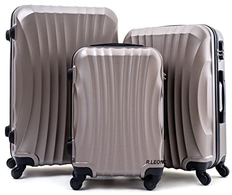 R.Leone Valigia da 1 Fino a Set 4 Trolley Rigido grande, medio, bagaglio a mano e beauty case 4 ruote in ABS 2037 (Oro, Set 3 S M L)