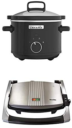 Crock-Pot CSC046 Slow Cooker, Removable Easy-Clean Ceramic Bowl, 2.4 Litre (1-2 People), Black + Breville Sandwich/Panini Press and Toastie Maker, 3-Slice, Stainless Steel [VST025]
