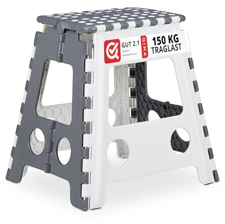 2 x Tritthocker XL klappbar, einstufiger Klapphocker mit Griff, bis 120 kg, Kunststoff, 39,5 x 38,5 x 32 cm, grau/weiß