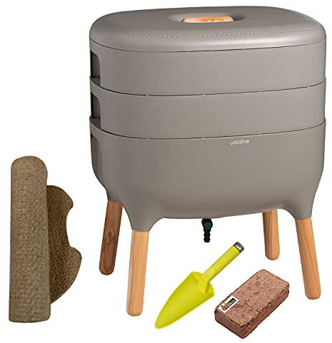Moutta | Urbalive 2 Schalen Grau, Komplettset I Wurmkomposter Design I Startersubstrat I Hanfmatte + Schaufel I Innenraum, Balkon und Garten