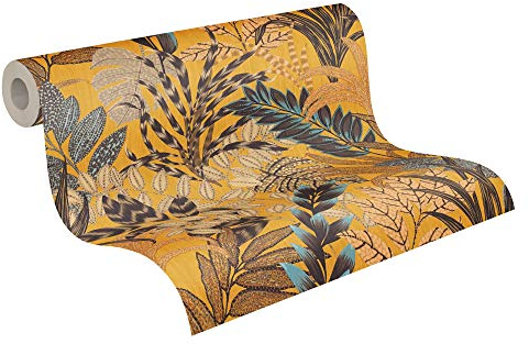 Livingwalls Metropolitan Stories 2 Vliestapete mit floralem Muster 0,53 x 10,05 m – Gelb, Braun, Blau – moderne Tapete mit Blättermotiv Made in Germany – 378601