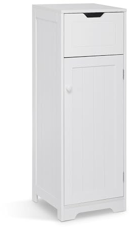Mondeer Cassettiera Bagno, Colonna Moderna con 1 Cassetti 1 Ante e 2 Ripiani, 32x30x87cm Mobiletto Bagno Salvaspazio in Legno MDF Lacca, Bianco per Bagno Soggiorno Angolo Ingresso