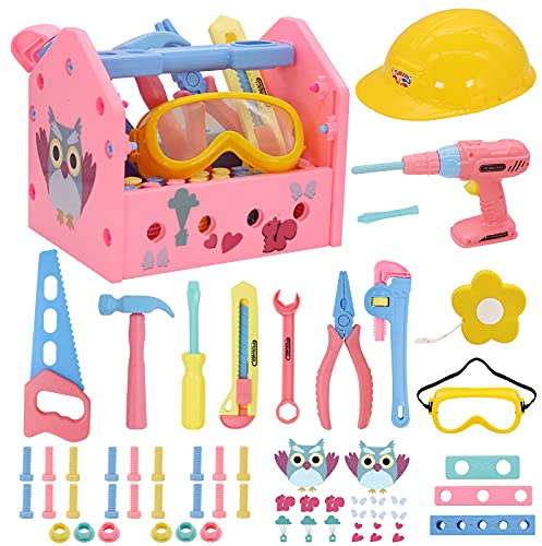 Magic4u Toy Tool Set Girl Pretend Play Construction Tool Accessories Tool Toys with Hat Tool Box Tape Measure Toy Electric Drill Hammer
