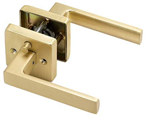 Linkaa Gold Satin Brass Door Handle Levers with Lock Privacy, Keyless Square Door Lever Lock Interior for Bedroom Bathroom (1 Pack, Privacy,Push Button Lock)