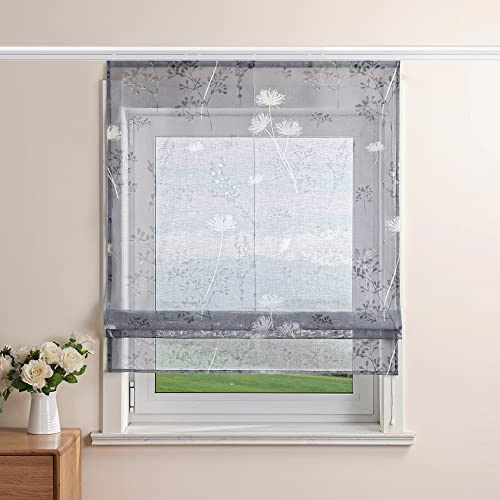 Delien Raffrollo Leinenoptik Transparente Rollos Landhaus Küche Gardine Modern Raffgardine mit Blumendruck »Löwenzahn« Bändchenrollo für Klein Fenster mit Klettband BxH 100x140cm,Grau
