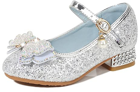 Monissy Princesse Fille Chaussure à Talon Enfant Ballerine Paillettes Papillon Danser Date d'anniversaire Fête des Enfant Sandales Mariage Halloween Noël Carnaval Cosplay Déguisement,Argent,34