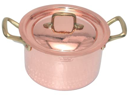 CREARTISTIC Casseruola alta in Rame Stagnato Con Coperchio - Pentola 18x10.5cm 2L -Per ragù ed altri sughi, Con 2 Maniglie in ottone, Fatto a mano - 100% Made in Italy,
