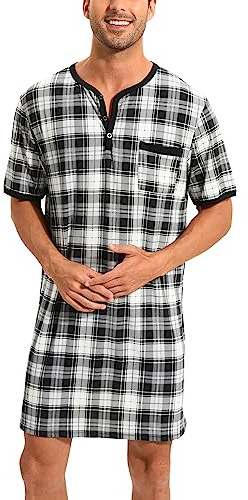 Rutiga pyjamasöverdelar för män, mjuka nattkläder, andningsbara nattlinne, knälängd, nattkläder, vardagskläder, Kortärmad-1-vit svart rutig (94 % polyester, 6 % spandex), M